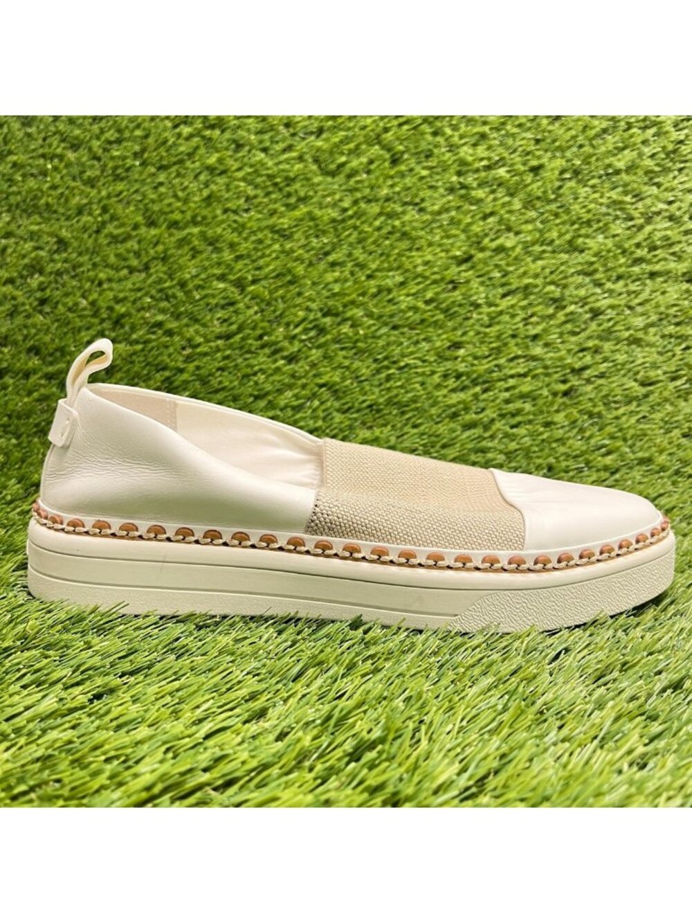 Via Spiga Ora Womens Size 7.5 Cream Beige Casual Leather Slip On Platform Shoes